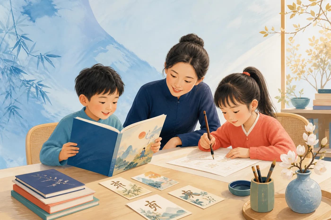 A teacher guides children in Chinese reading and writing